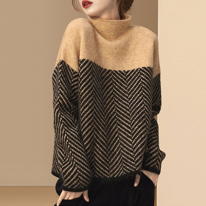 Pull en tricot épais pour femmes avec col haut et motif chevron moderne Chic & Stil