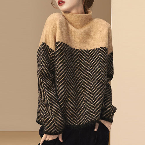 Pull en tricot épais pour femmes avec col haut et motif chevron moderne Chic & Stil
