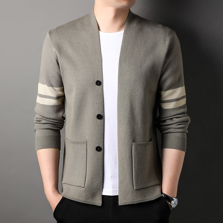 Trendy knit jacket for men with stylish contrasting stripes and practical pockets Lune London