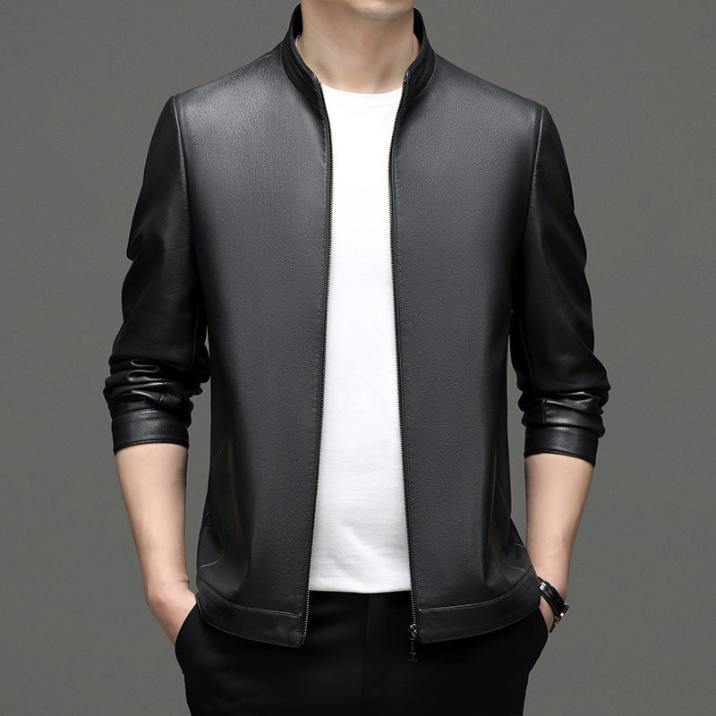 Casual faux leather jacket for men with a modern high collar and chic stylish details