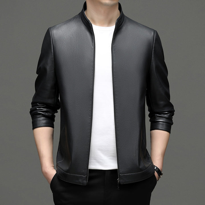 Casual faux leather jacket for men with a modern high collar and chic stylish details