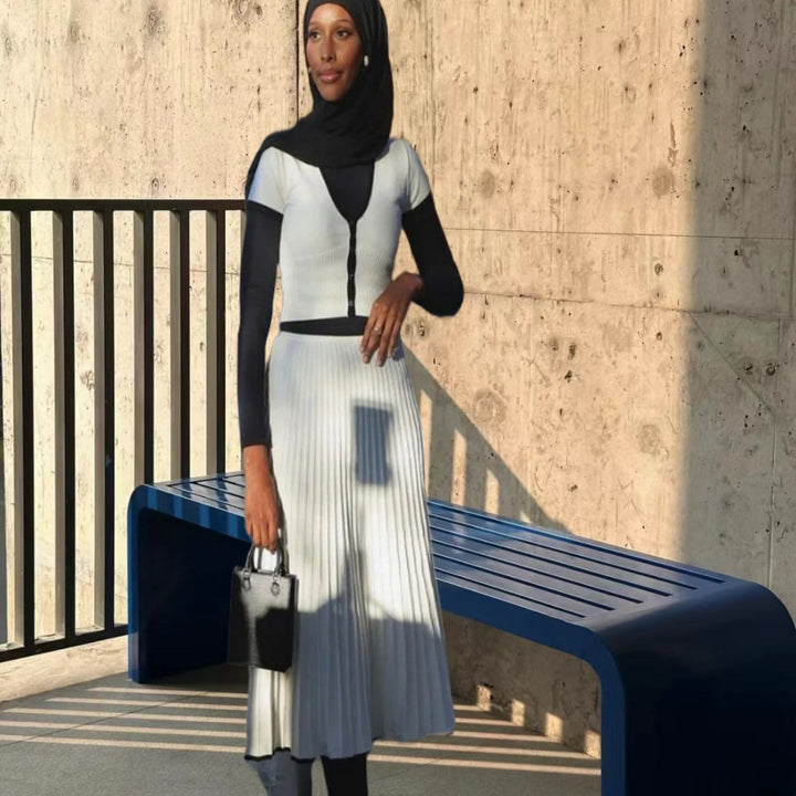 Lune London ribbed knit top and pleated skirt set for women
