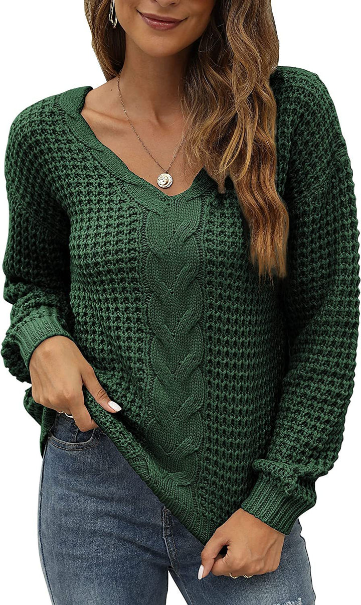 Casual knit pullover for women with deep V neckline and detailed cable pattern Lune London