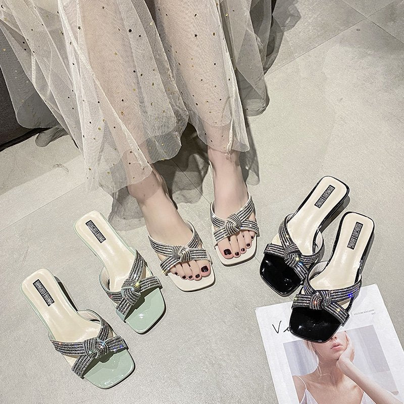Elegant ladies' sandals with rhinestone embellishments and comfortable block heel Lune London