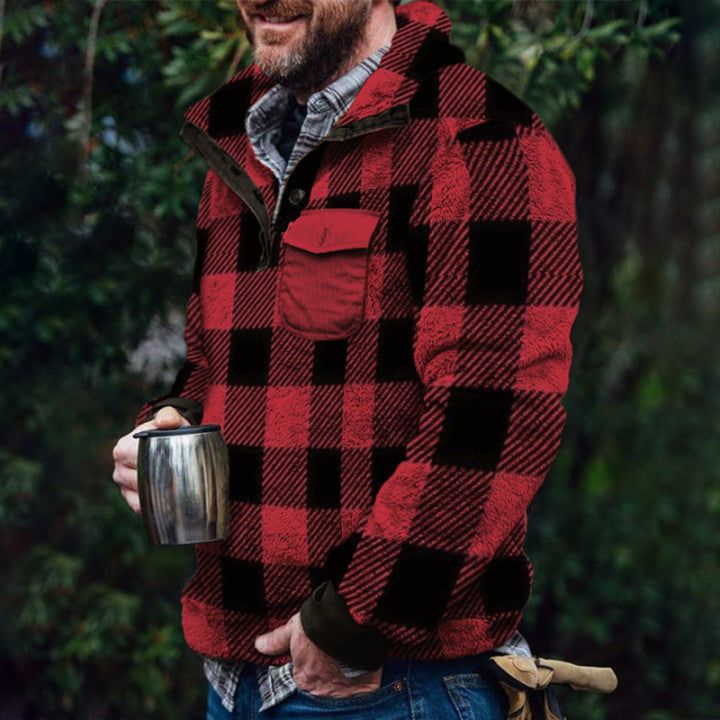Men’s Fleece Pullover with Plaid Pattern & High Collar | Lune London