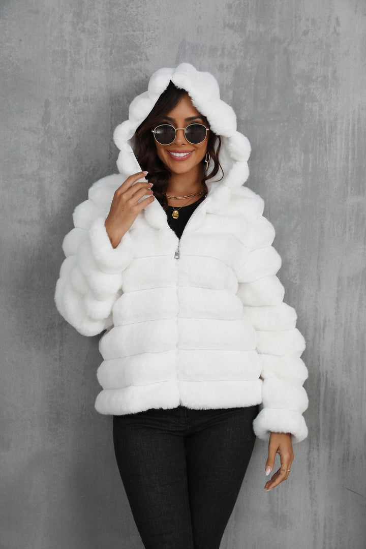 Women's Trendy Hooded Jacket Made Of Faux Fur with Textured Pattern Lune London