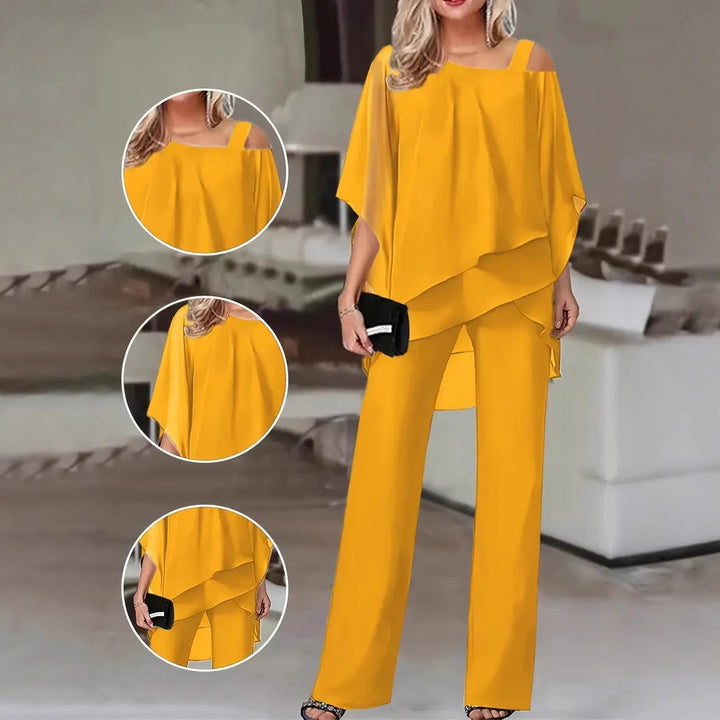 Ladies Elegant Two Piece Set with Fluid Top and Chic Flared Pants