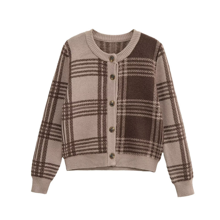 Women Plaid Knit Jacket with Button Placket and Round Neck Lune London