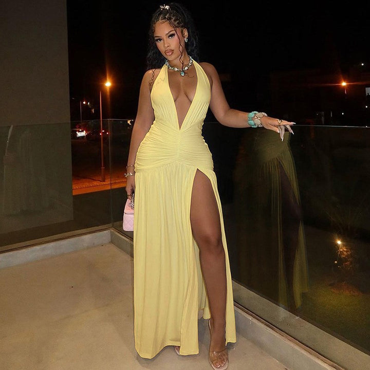 Elegant Woman Maxi Dress with refined ruffle details and a high slit Lune London