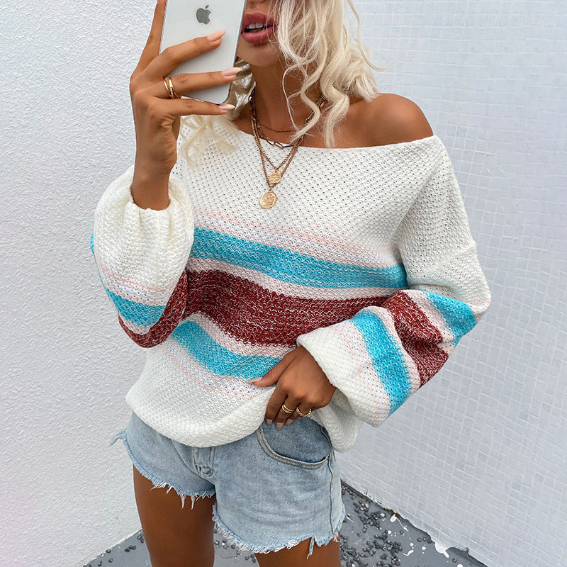 Casual knit sweater for women with a wide neckline and a unique striped pattern Lune London
