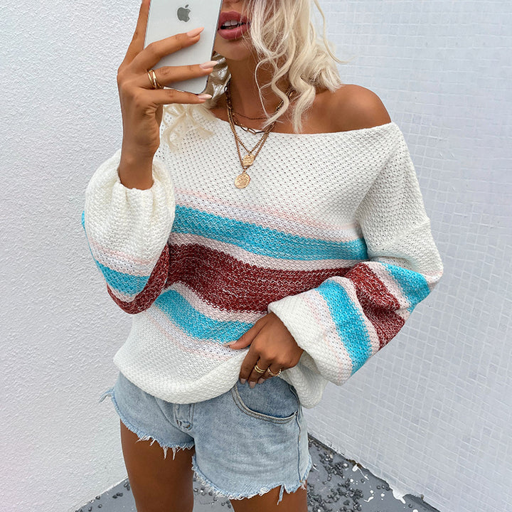 Casual knit sweater for women with a wide neckline and a unique striped pattern Lune London