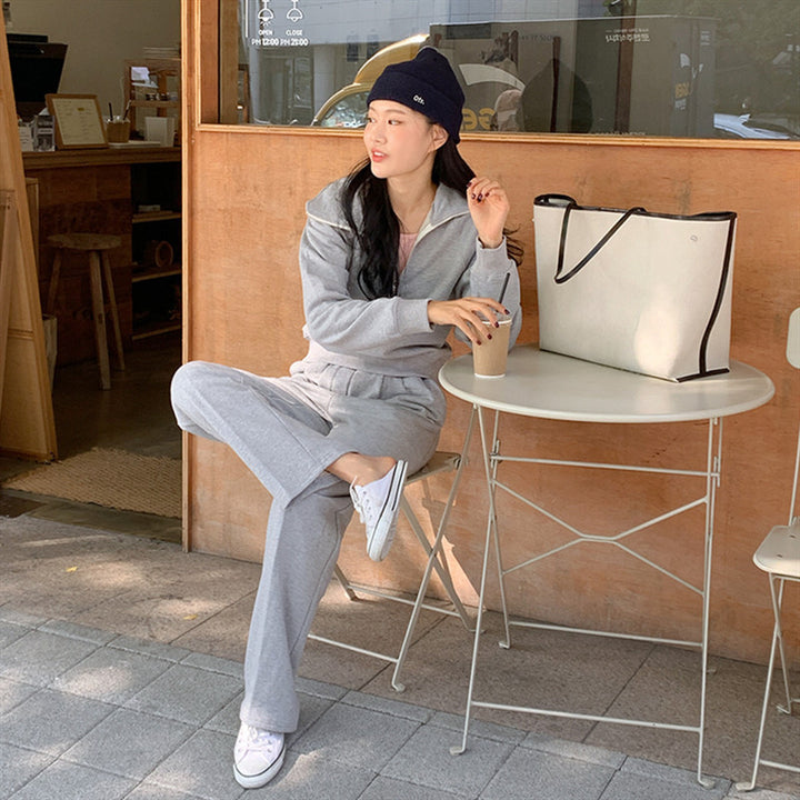 Women's sporty two-piece set with casual collar and wide pants