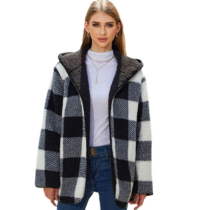 Ladies Oversized Checkered Plush Jacket with Hood Lune London