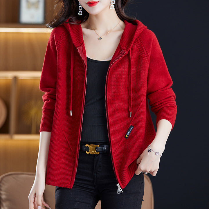 Knitted jacket for ladies with hood and practical pockets Lune London