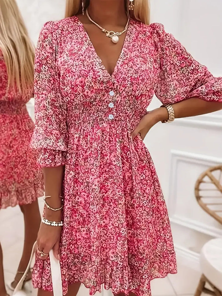 Ladies Mini dress playful and elegant with deep V-neckline and ruffle details Lune London