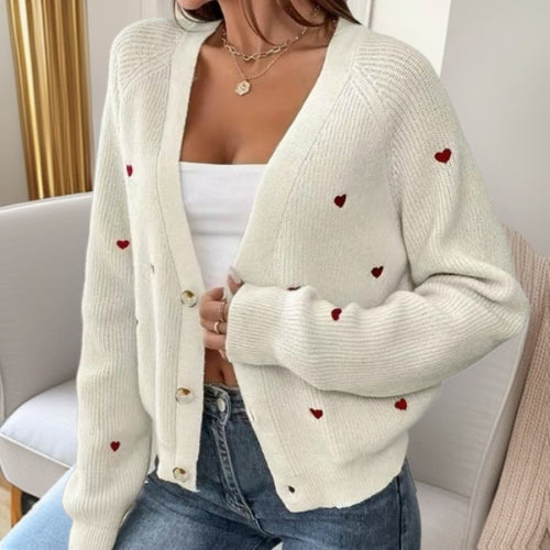 Ladies casual cardigan with heart-shaped appliqués and deep V-neck Lune London