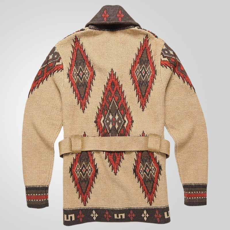 Knit jacket for women with artistic pattern and exclusive belt Lune London