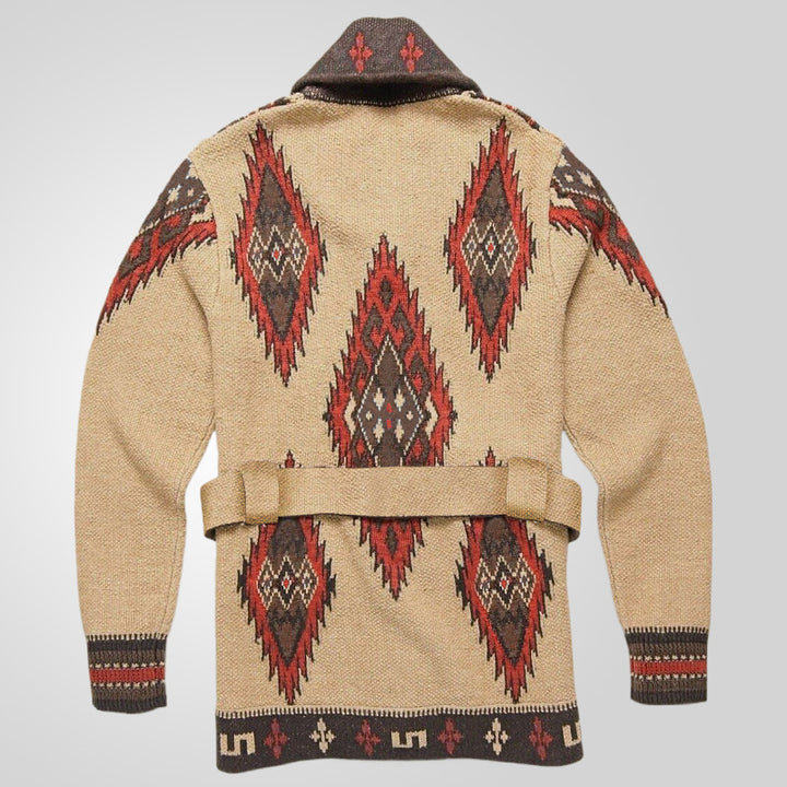 Knit jacket for women with artistic pattern and exclusive belt Lune London