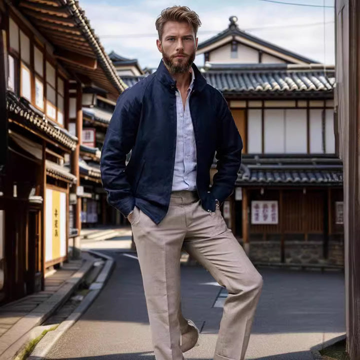 Lightweight transition jacket for men with modern high collar Lune London