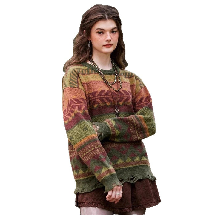 Bohème patterned women's sweater with fringed hem Lune London