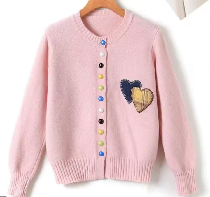 Cardigan for women with heart-shaped appliqués and colorful button details Lune London