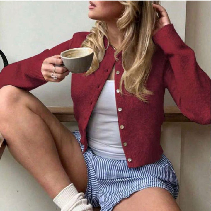 Short knit jacket for women with elegant pearl buttons Lune London