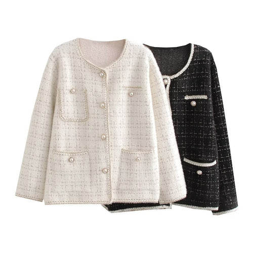 Ladies Structured Boucle Jacket with Decorative Pearls and Pockets Lune London