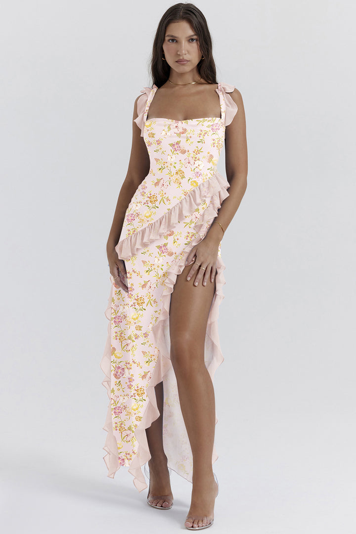 Elegant asymmetrical dress for women with ruffle details and floral pattern Chic & Stil