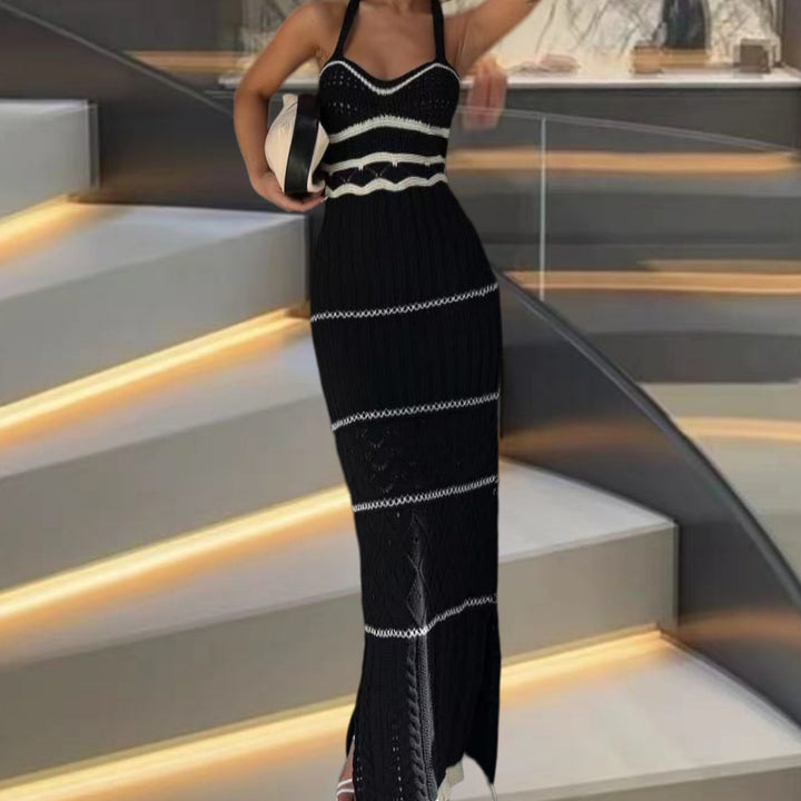 Maxi dress in knit for women with refined crochet patterns and side slit Lune London
