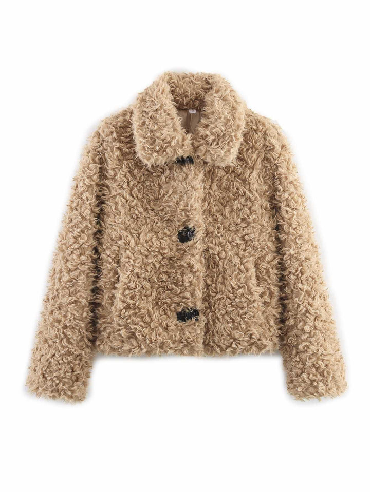 Ladies faux fur jacket with a casual design featuring large buttons Lune London