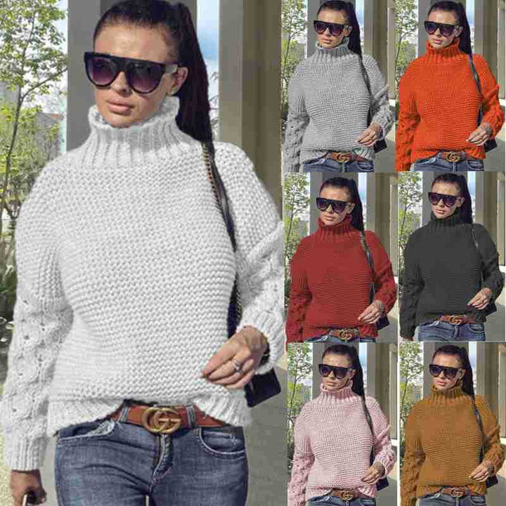 Thick knit sweater for women with a high neck and textured sleeve design Lune London
