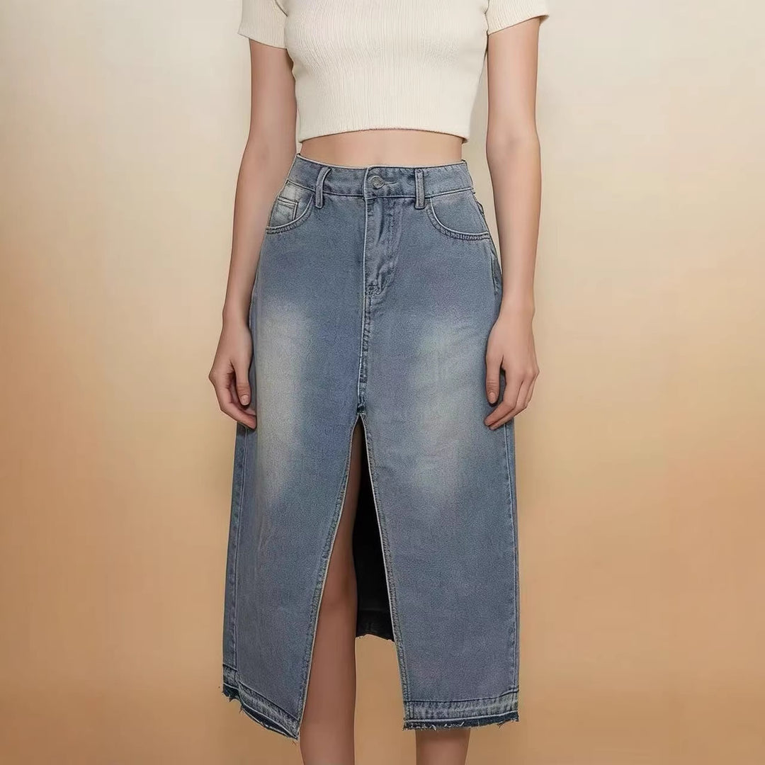 Women's Midi Denim Skirt with High Slit and Fringed Hem Lune London