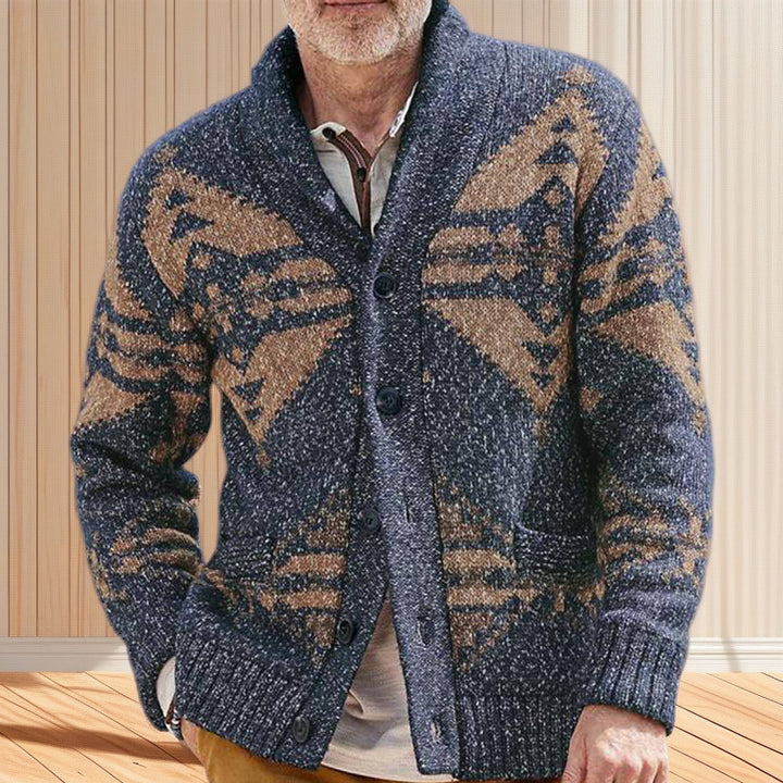 Knit jacket for men with a unique geometric pattern and a deep collar Lune London