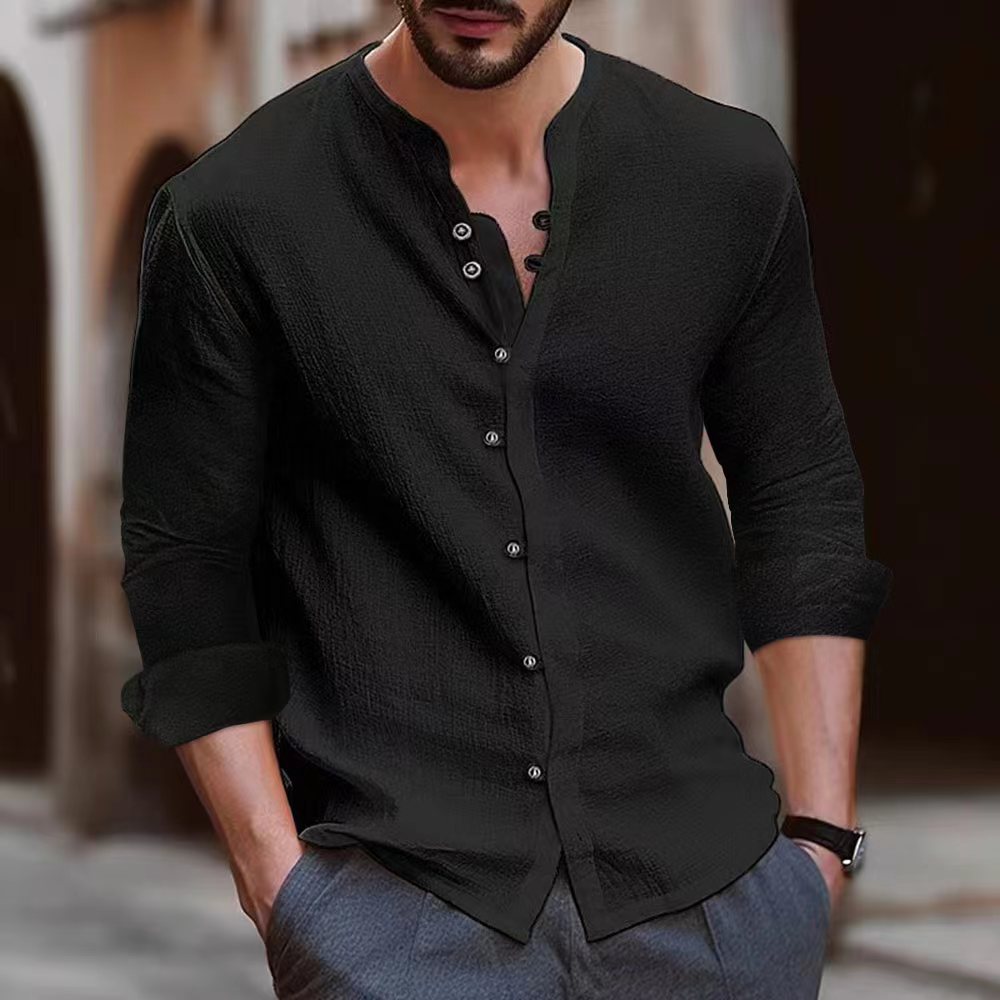 Men's Long Sleeve Henley Shirt in Lightweight Cotton Fabric with Trendy Button Detail Lune London