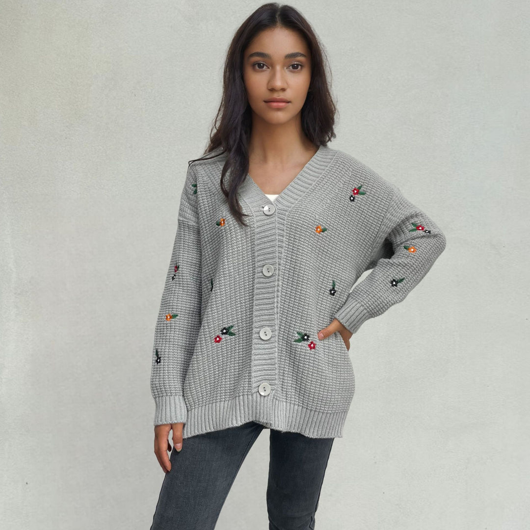 Ladies Thick-Knit Cardigan with 3D Floral Pattern and Comfortable Fit Lune London