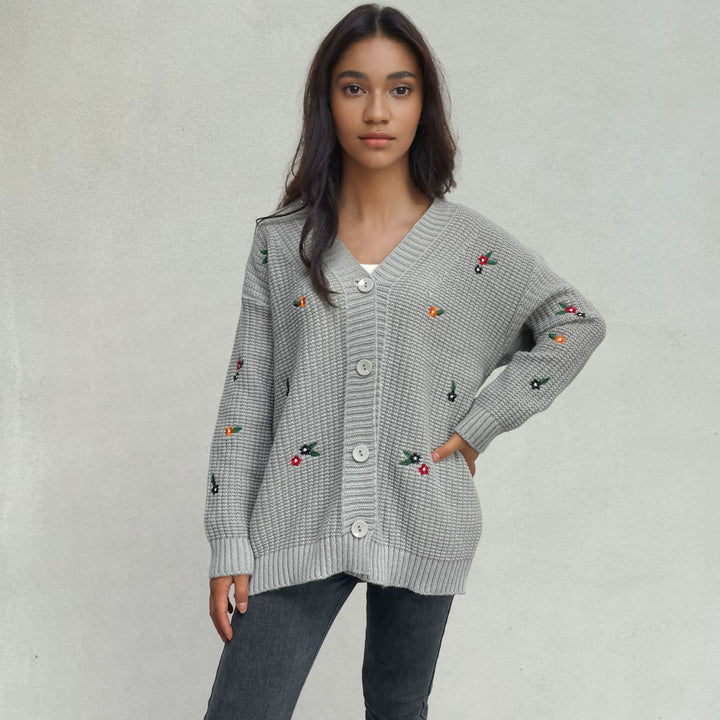 Ladies Thick-Knit Cardigan with 3D Floral Pattern and Comfortable Fit Lune London