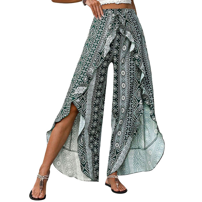 Bohemian Women's Palazzo Pants Printed with Side Slits and Ruffled Hem Lune London