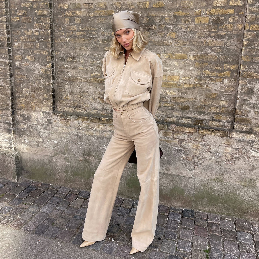 Women Quilted Leather Jacket and High Waisted Pants Lune London