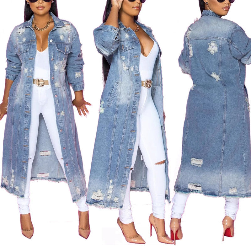 Women's denim jacket in a long casual style with distressed details Lune London
