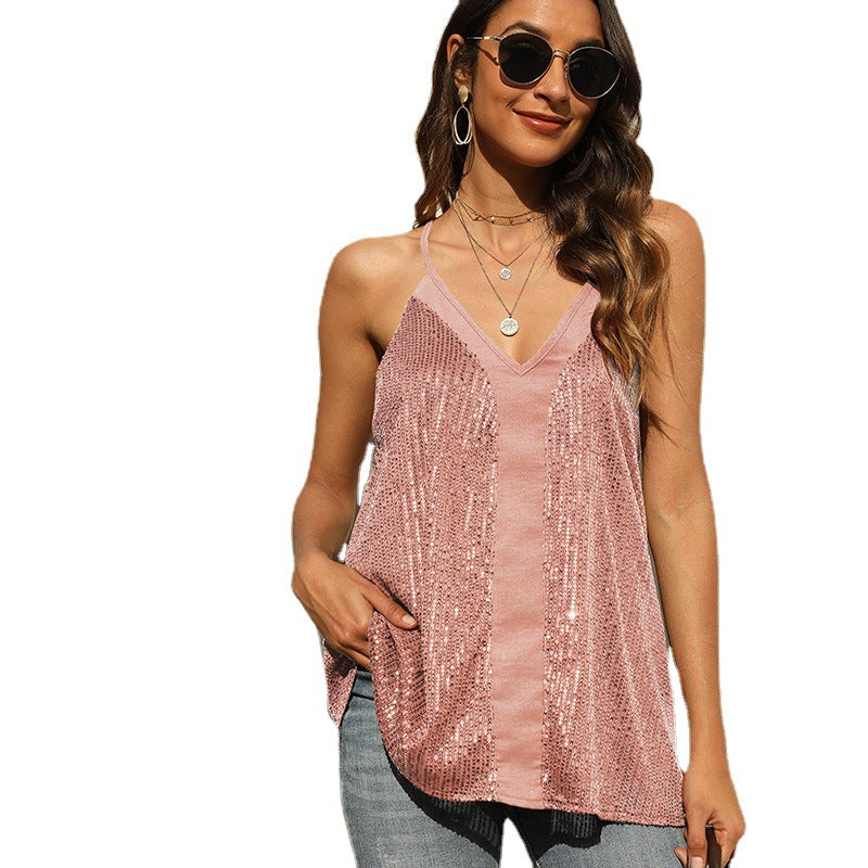 Sparkling sequined blouse for women with V neck Lune London