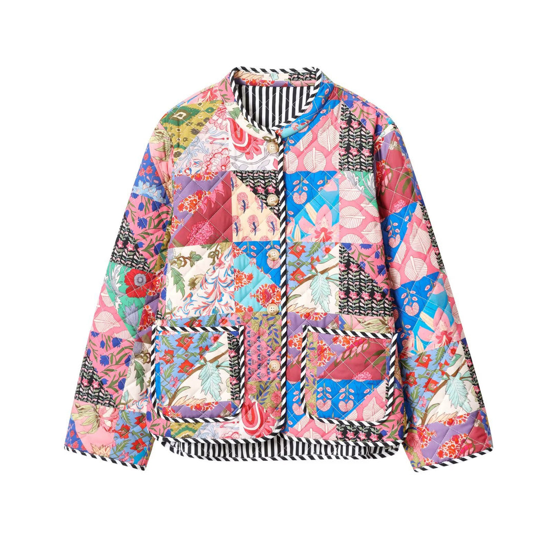 Ladies puffer jacket with colorful patchwork design Lune London
