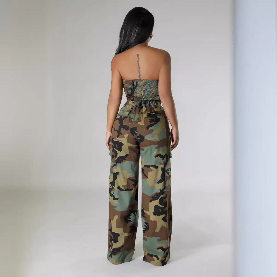 Ladies camouflage jumpsuits with wide legs and practical belt Lune London