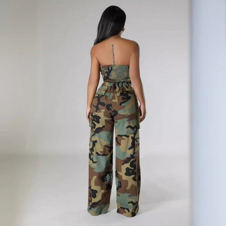 Ladies camouflage jumpsuits with wide legs and practical belt Lune London