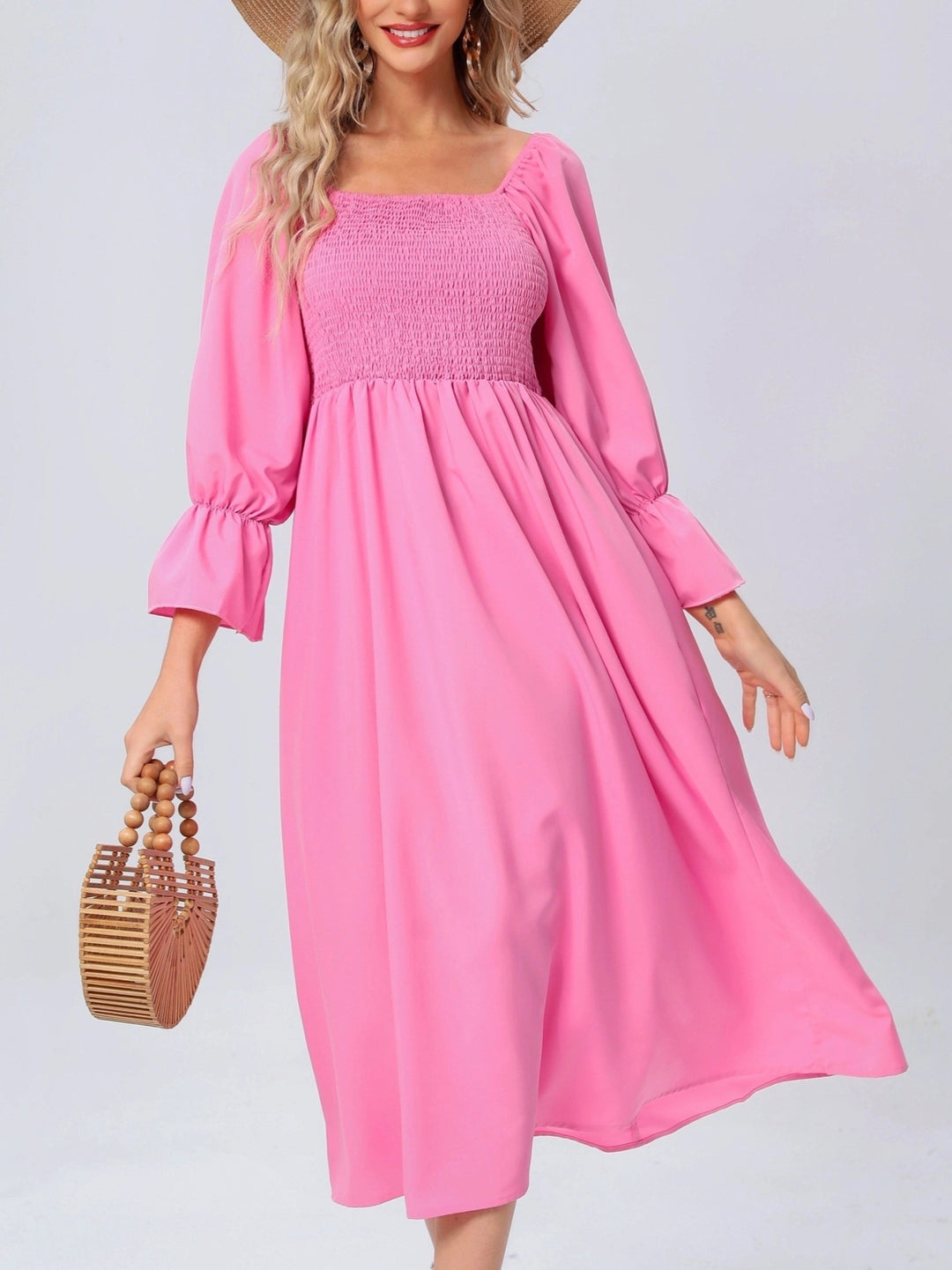 Midi dress for ladies with elastic puff sleeves and a romantic waist tie Lune London