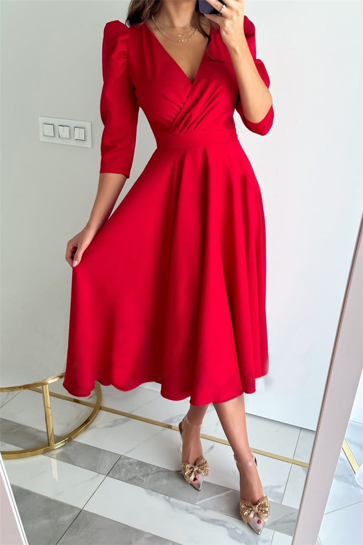Lune London A-line festive dress for women with puff sleeves and V-neck