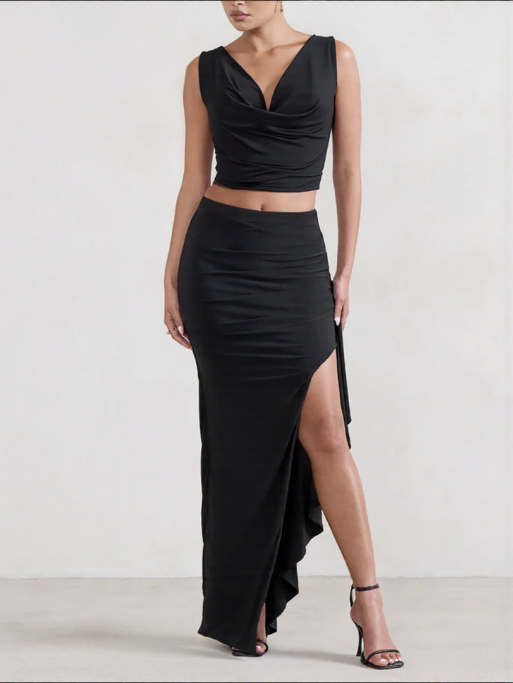 Ladies Elegant Crop Top and Maxi Skirt Set with High Slit Lune London