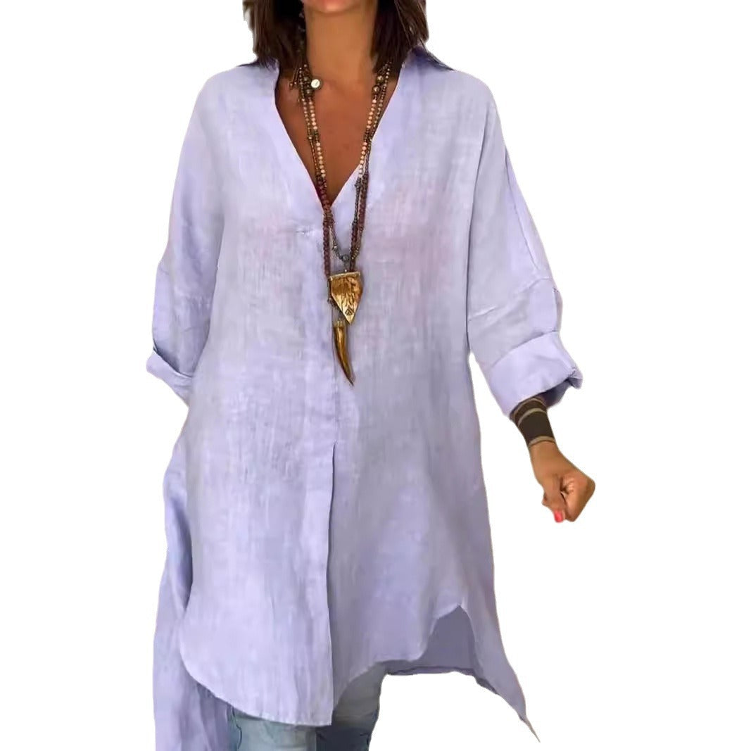 Women's Casual Linen Blouse with Full Button Placket and Cuffable Sleeves Lune London