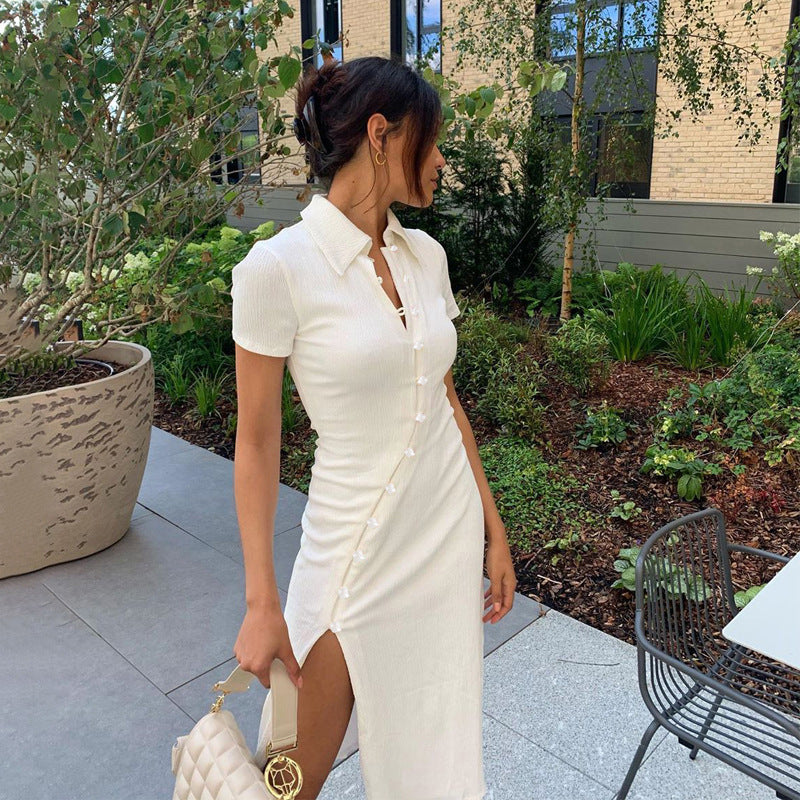 Short-sleeved button-up midi dress with side slit Lune London