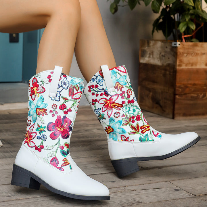 Women's cowboy boots with embroidered floral pattern and comfortable block heel Lune London