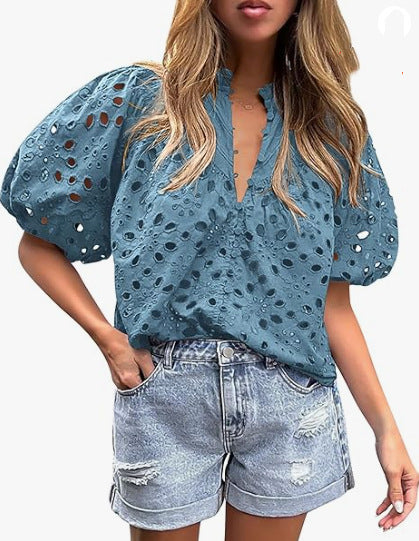 Ladies eyelet blouse with puff sleeves Lune London